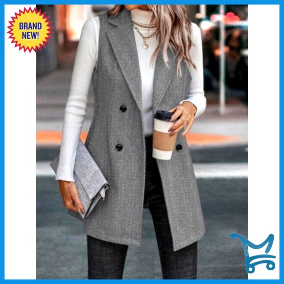 Sleeveless Tweed Vest Blazer, Wool Blend, Double Breasted, Business Casual - Picture 5 of 5